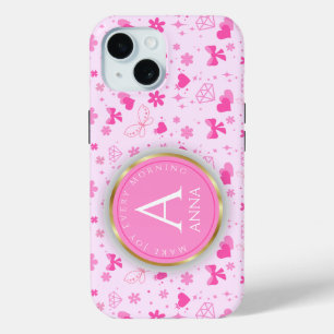 かわいいピンクの花のパターンガーリー、フローラデザイン iPhone 15ケース