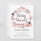 かわいいピンクの花のリースのベビーシャワー 招待状 (正面)