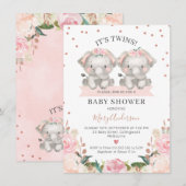 かわいいピンクの花の双子の女の子象のベビーシャワー 招待状 (正面/裏面)