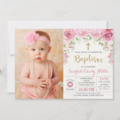 かわいいピンクの花の女の子の洗礼写真 招待状 (正面)