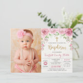 かわいいピンクの花の女の子の洗礼写真 招待状 (スタンド正面)