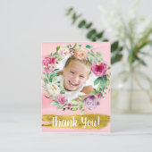 かわいいピンクの花の子供の誕生日記念の写真の御礼 ポストカード (スタンド正面)