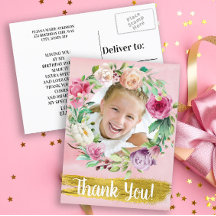 かわいいピンクの花の子供の誕生日記念の写真の御礼