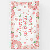 かわいいピンクの花の誕生日パーティバナー 横断幕 (縦)