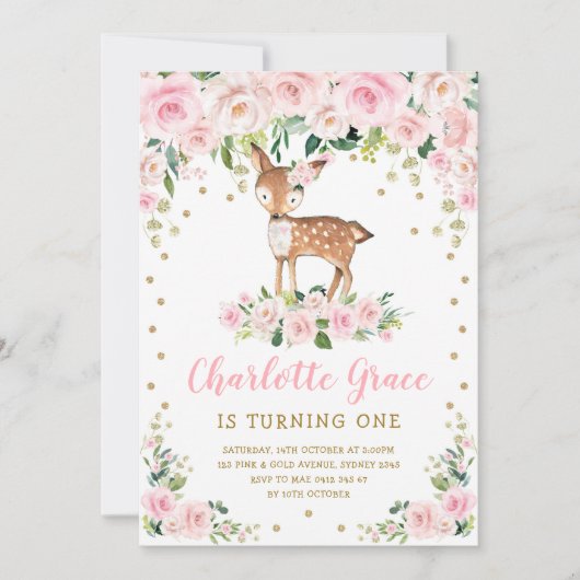 かわいいピンクの花の鹿の女の子 1歳の誕生日パーティー 招待状 (正面)