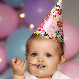 かわいいピンクの花の1歳の女の子の誕生日 パーティーハット