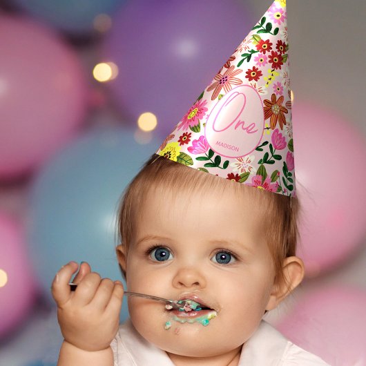 かわいいピンクの花の1歳の女の子の誕生日 パーティーハット