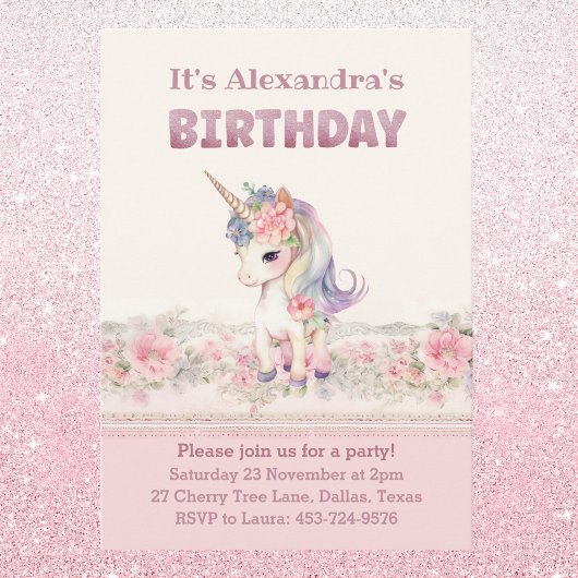 かわいいピンクの花ガールユニコーン誕生日 招待状