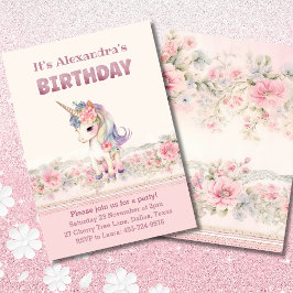 かわいいピンクの花ガールユニコーン誕生日 招待状
