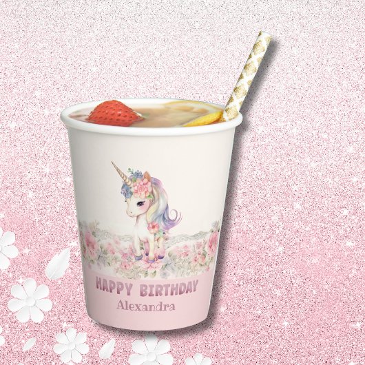 かわいいピンクの花ガールユニコーン誕生日 紙コップ