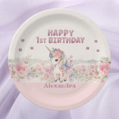 かわいいピンクの花ガールユニコーン1歳の誕生日 ペーパープレート