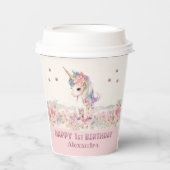 かわいいピンクの花ガールユニコーン1歳の誕生日 紙コップ (正面)