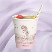 かわいいピンクの花ガールユニコーン1歳の誕生日 紙コップ