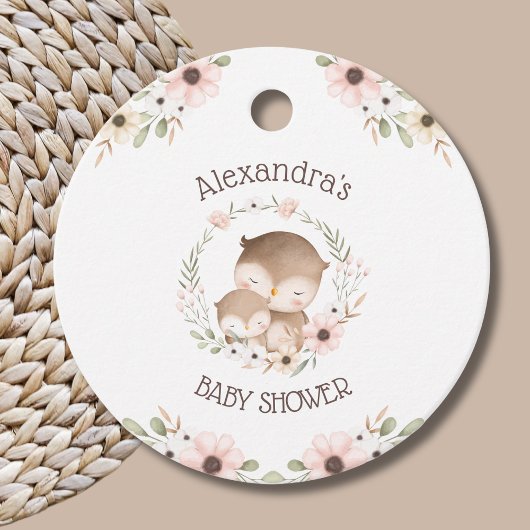 かわいいピンクの花フクロウ赤ちゃん女の子シャワーありがとう フェイバータグ