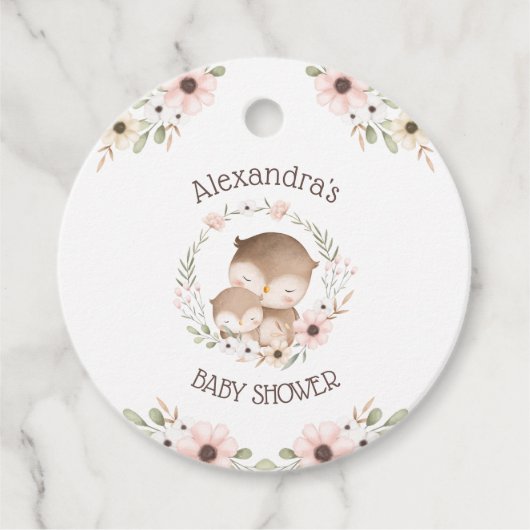かわいいピンクの花フクロウ赤ちゃん女の子シャワーありがとう フェイバータグ (正面)