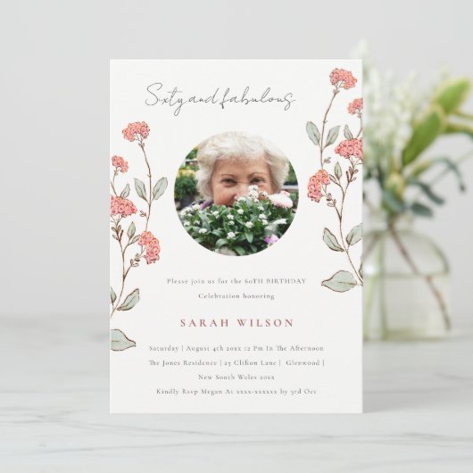 かわいいピンクの花リース写真60誕生日招待状 サンキューカード (スタンド正面)