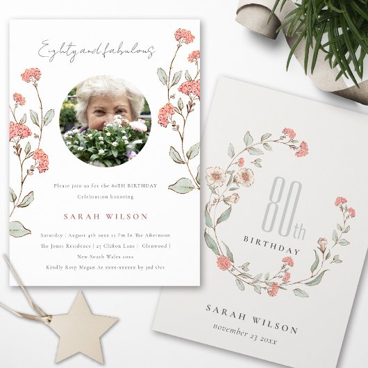 かわいいピンクの花リース写真80誕生日招待状 サンキューカード