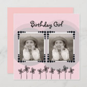 かわいいピンクの花写真少女バースデーパーティー 招待状 (正面/裏面)