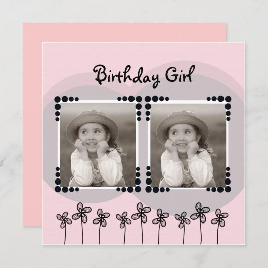 かわいいピンクの花写真少女バースデーパーティー 招待状 (正面/裏面)