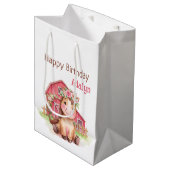 かわいいピンクの花柄の馬の誕生日 ミディアムペーパーバッグ (正面アングル)