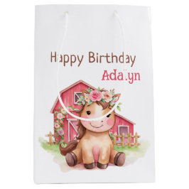 かわいいピンクの花柄の馬の誕生日 ミディアムペーパーバッグ