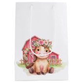 かわいいピンクの花柄の馬の誕生日 ミディアムペーパーバッグ (裏面)