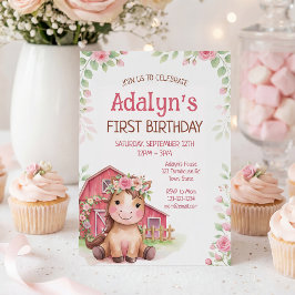 かわいいピンクの花柄の馬の誕生日  招待状