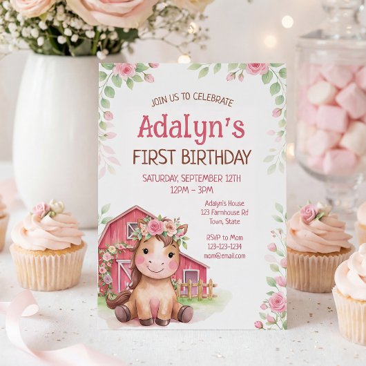 かわいいピンクの花柄の馬の誕生日 招待状