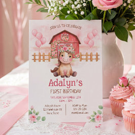 かわいいピンクの花柄の馬の誕生日  招待状