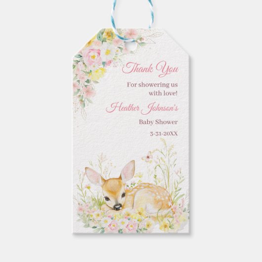 かわいいピンクの花柄の鹿のベビーシャワー ギフトタグ (正面)