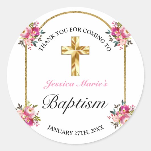 かわいいピンクの花模様のゴールドクロス 洗礼 お礼 ラウンドシール (正面)
