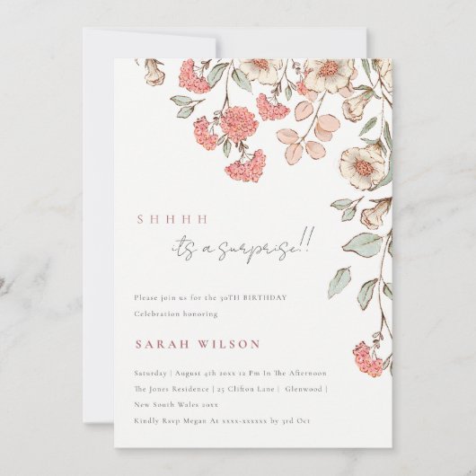 かわいいピンクの花any ageサプライズ誕生日招待状 サンキューカード (正面)