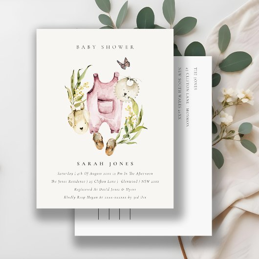 かわいいピンクの葉の女の子服ベビーシャワー ポストカード