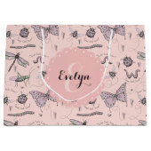 かわいいピンクの虫モノグラムの女の子 ラージペーパーバッグ (正面)