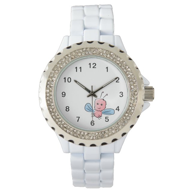 かわいいピンクの虫飛んでいる虫 腕時計 (正面)