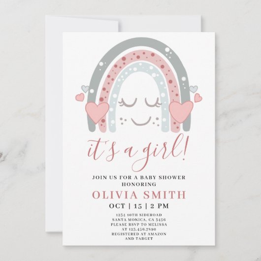 かわいいピンクの虹その女の子の赤ちゃんシャワー 招待状 (正面)