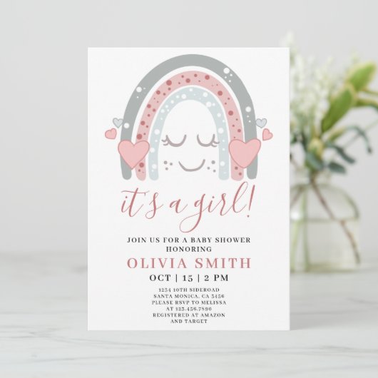 かわいいピンクの虹その女の子の赤ちゃんシャワー 招待状 (スタンド正面)