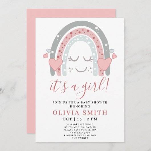 かわいいピンクの虹その女の子の赤ちゃんシャワー 招待状 (正面/裏面)