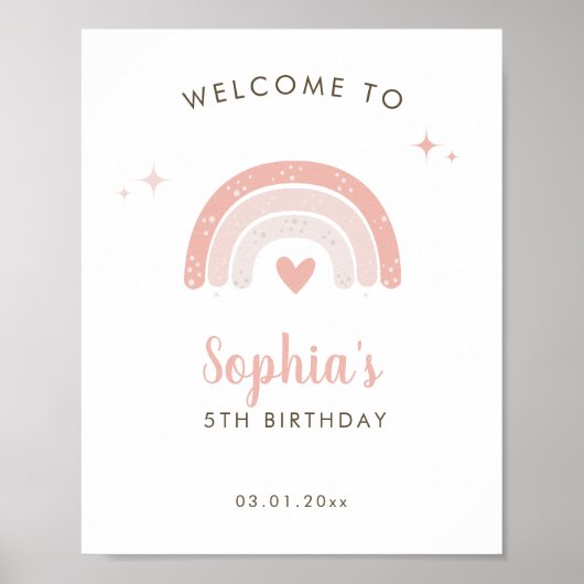かわいいピンクの虹の水色誕生日ウェルカムサイン ポスター (正面)