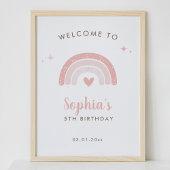 かわいいピンクの虹の水色誕生日ウェルカムサイン ポスター