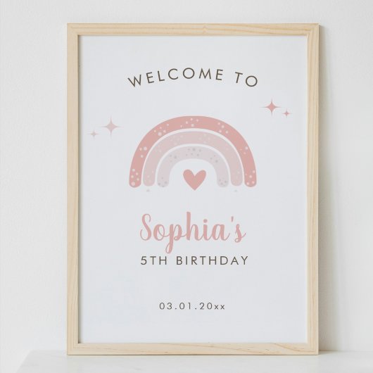 かわいいピンクの虹の水色誕生日ウェルカムサイン ポスター