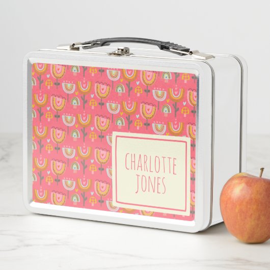 かわいいピンクの虹の花の名パーソナライズされた前 メタルランチボックス (インサイチュ)