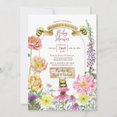 かわいいピンクの蜂とワイルドフラワーの共同ベビーシャワー 招待状 (正面)