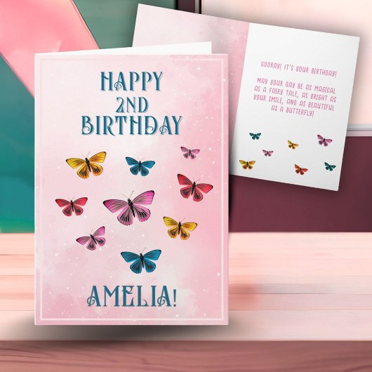 かわいいピンクの蝶の女の子の誕生日パーティー カード