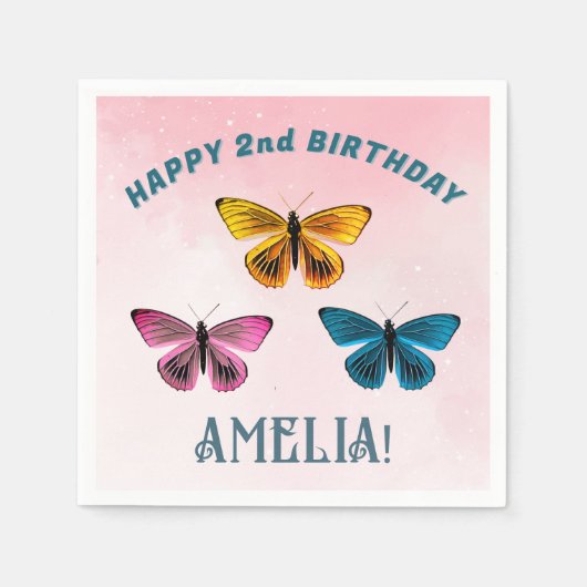 かわいいピンクの蝶の女の子の誕生日パーティー スタンダードカクテルナプキン (正面)