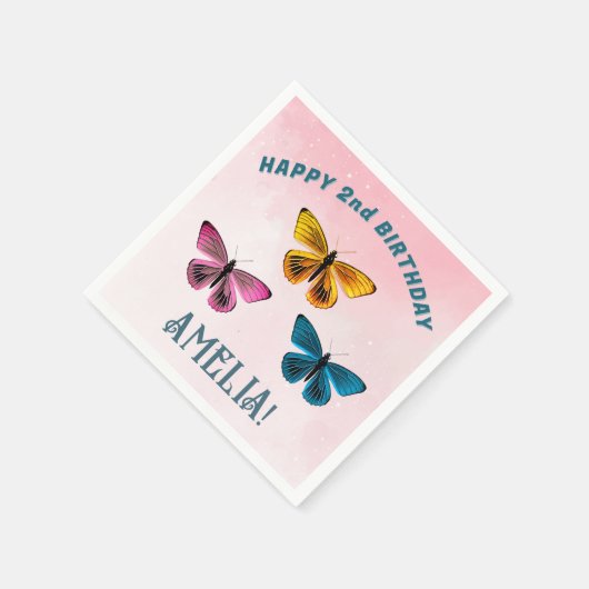 かわいいピンクの蝶の女の子の誕生日パーティー スタンダードカクテルナプキン (角)