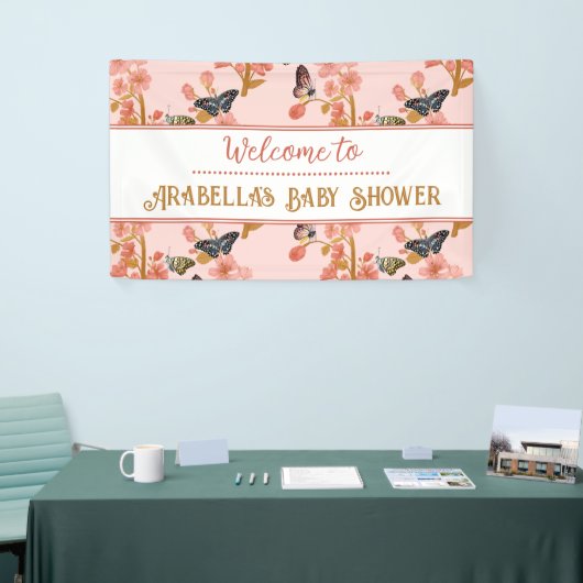 かわいいピンクの蝶の赤ちゃんシャワー歓迎バナー 横断幕 (トレードショー)
