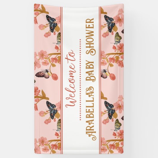 かわいいピンクの蝶の赤ちゃんシャワー歓迎バナー 横断幕 (縦)