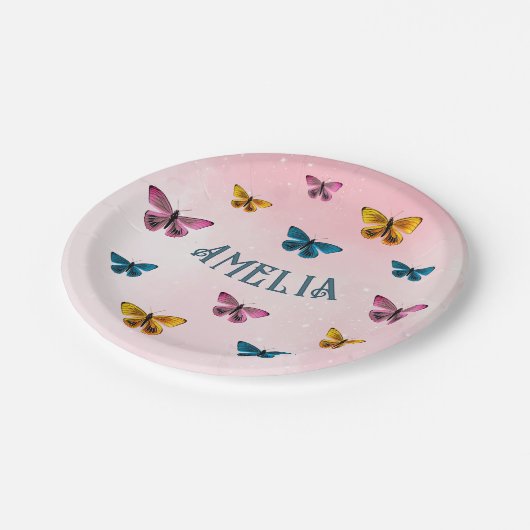 かわいいピンクの蝶ガールバースデーパーティー ペーパープレート (アングル)