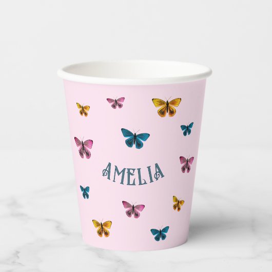かわいいピンクの蝶ガールバースデーパーティー 紙コップ (正面)